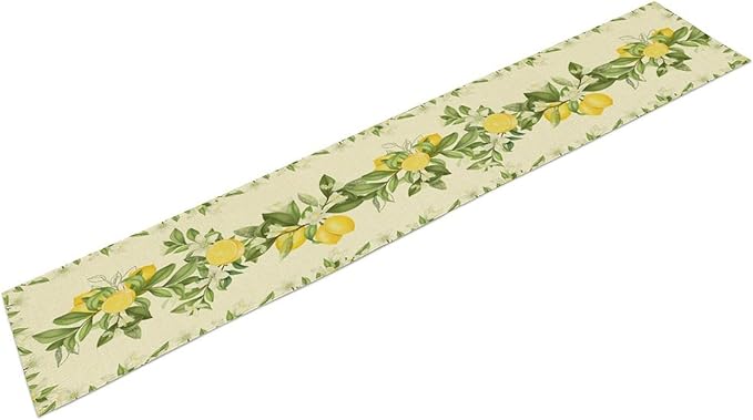 Summer Lemon Table Runner, Spring Blooming Lemon Tree Branches Bouquets Yellow Green Leaves Table Runner for Farmhouse Home Dining Kitchen Table Party Decor, 13x120inch