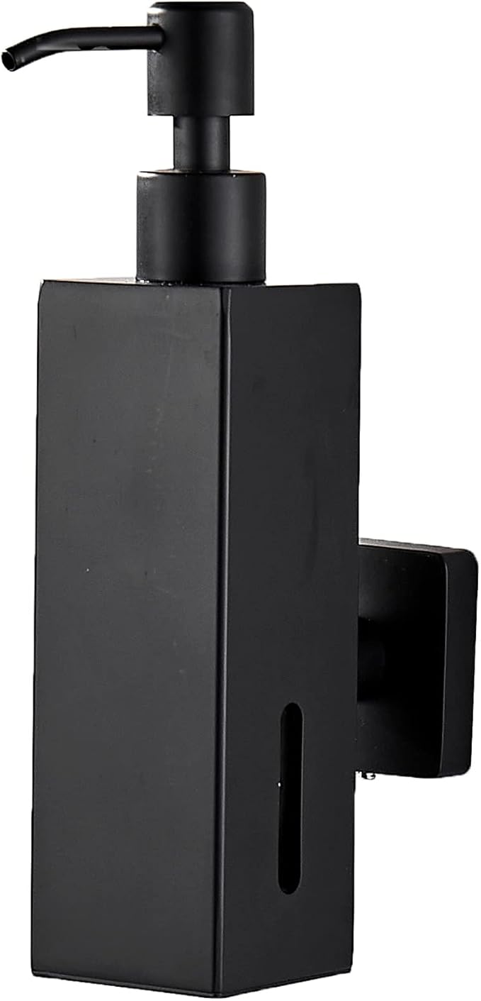 BATHSIR Matte Black Soap Dispenser, Refillable Shower Soap Dispenser Wall Mounted, Stainless Steel Clear Hand Soap Dispenser with Pump for Bathroom Kitchen Sink Dish (Square 200ML)