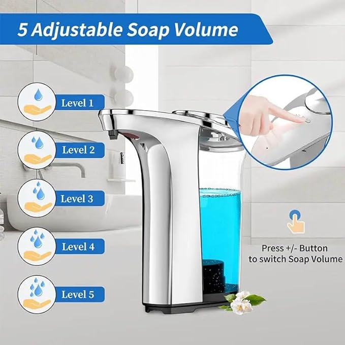 Automatic Soap Dispenser, Touchless Dish Soap Dispenser 17oz/500ml with USB Rechargeable Battery Infrared Sensor, 5 Adjustable Soap Levels, Liquid Hand Soap Dispenser (Silver, 17oz/500ml)