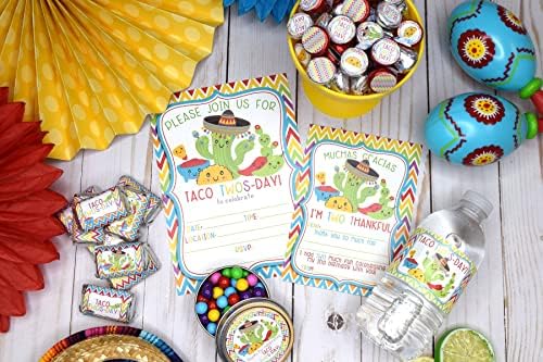 Deluxe Taco Twos-Day 2nd Birthday Party Bundle Includes 20 each of Invitations & Thank You Cards with Envelopes + 2 Different Sizes of Stickers, Mini Candy Bar Wrappers, & Water Bottle Labels!