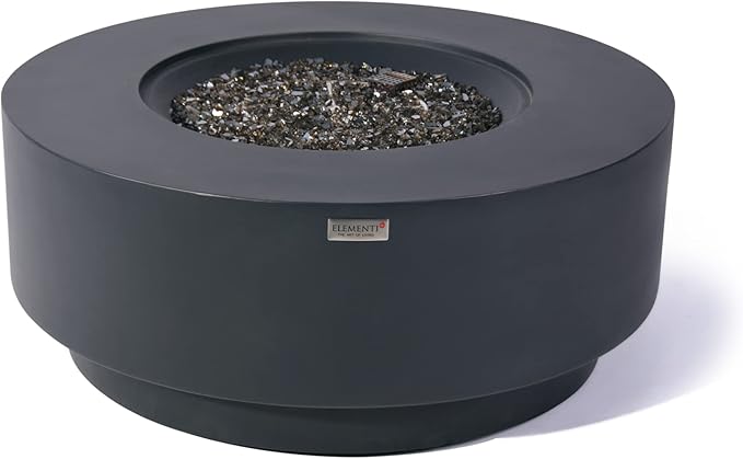 Elementi+ | Nimes Gas Fire Pit Cast Concrete 40" Dia. Round Fire Table, Outdoor Fire Pit Electronic Ignition | Canvas Cover, Fire Glass and Burner Lid Included | Dark Gray | Natural Gas