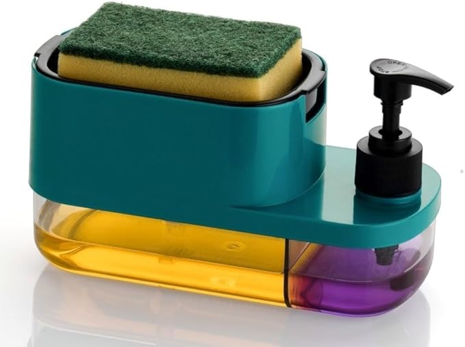 Plastic 3 in 1 Soap Pump Dispenser Dish Soap Liquid Dispenser Sponge Holder Dish Soap Pump Dispenser for Kitchen Sink Countertop Kitchen Bathroom (Multi-Color)