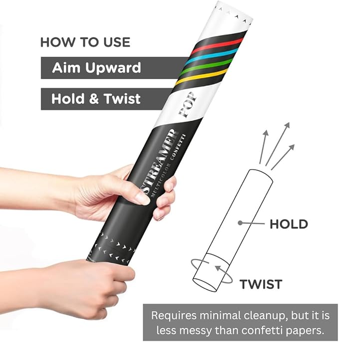 Multicolor Streamer Confetti Cannon Cartridge – 6 Handheld Streamer Popper with Easy Cleanup for Parties & Events | Loud POP | Fly up to 40ft | Biodegradable 16” Streamer Confetti Cannons