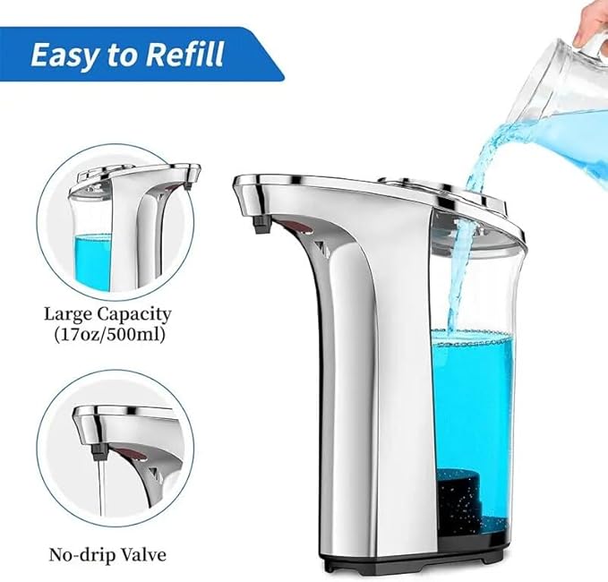 Automatic Soap Dispenser, Touchless Dish Soap Dispenser 17oz/500ml with USB Rechargeable Battery Infrared Sensor, 5 Adjustable Soap Levels, Liquid Hand Soap Dispenser (Silver, 17oz/500ml)