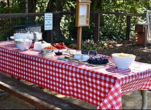 Oojami 4 Pack Disposable Plastic Tablecloths, 54 x 108 Inch Waterproof Red and White Checkered Gingham Buffalo Plaid Table Covers, Rectangle Picnic Tablecloth for Birthday, BBQ, Party, Outdoor Events