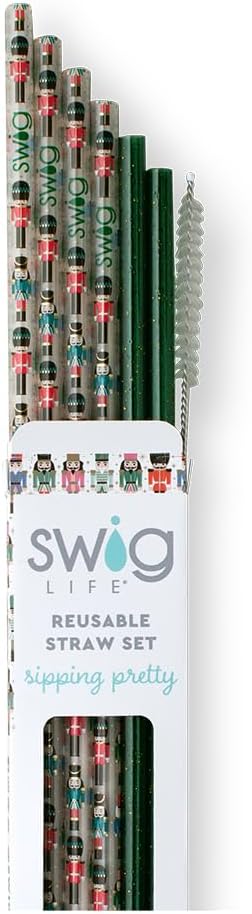 Swig Life Reusable Straws Classic Nutcracker + Green Glitter Tall Straw Set & Cleaning Brush