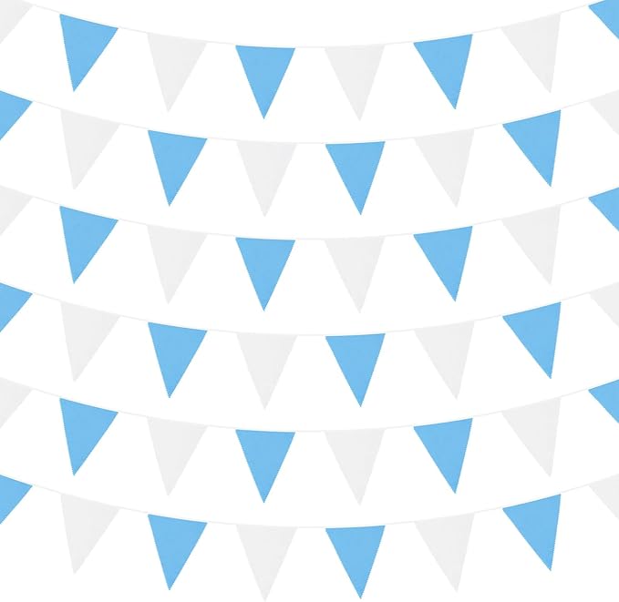 Zwiebeco 39Ft Blue White Fabric Bunting Banner Triangle Flags Party Hanging Cotton Garland Pennant for Summer Pool Seaside Beach Birthday Wedding Baby Shower Outdoor Garden Decorations 42PCS