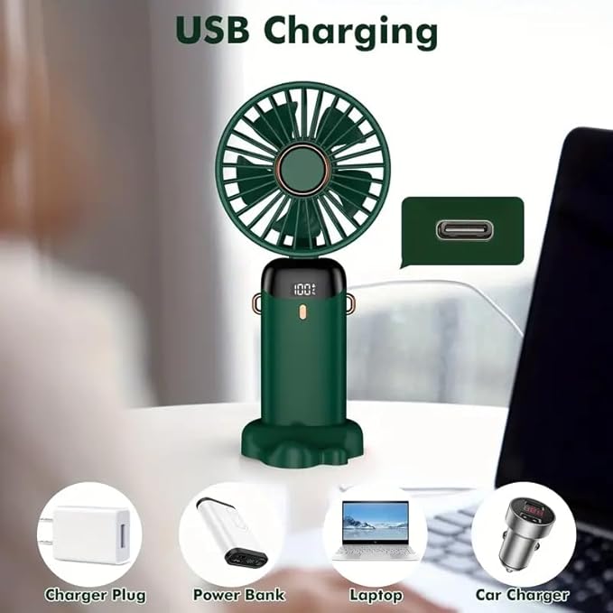 Portable Handheld Fan Battery Operated with Base, 8 Hours, Digital Display, 5 Speeds, 90° Ajustable, Rechargeable Mini Fan for Outdoor Indoor