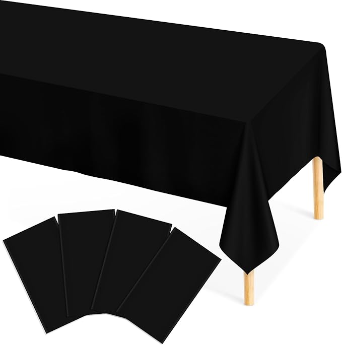 Mulbozy Black Plastic Table Cloth Disposable 4 Pack, 54 × 108 Inch Tablecloths Rectangle, Black Plastic Table Cover for Party Decor