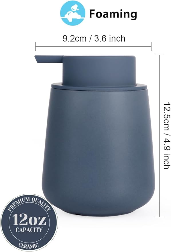 INGOFIN Ceramic Foaming Soap Dispenser - 12 oz Foam Hand Soap Dispenser Bathroom, Ceramic Dish Soap Modern Dispenser with Pump for Kitchen, Matte Blue