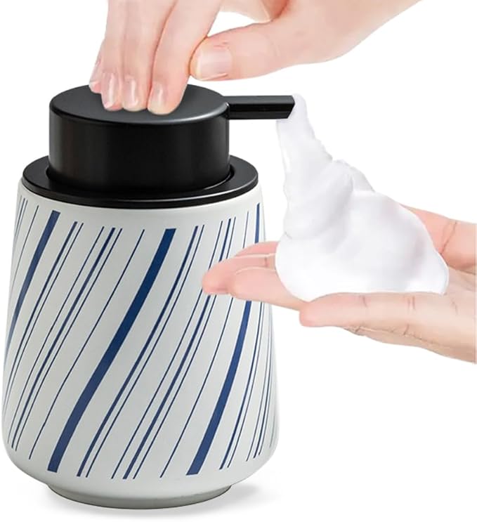 Ceramic Foam Hand Soap Dispenser, Simple Striped Design of Multi-Color(Blue)