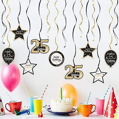 Happy 25th Birthday Black & Gold Glitter Swirls Streamers Party Decorations - 15 Pcs 25th Birthday Hanging Swirls Streamers Kit,Perfect for 25th Bday Party Sign.