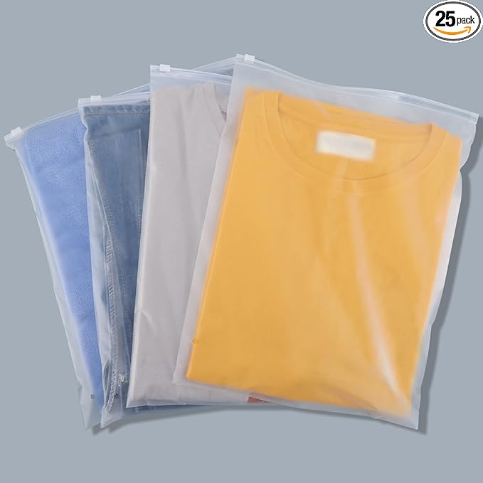 Clothes Packaging Bags for Shipping, 25 Count 14x16 inch Frosted Zipper Plastic Bags for Clothing, Thick Plastic Apparel Bag for Packaging T-Shirt, Shirt, 3 Mil, with Vent Holes Storage Bag
