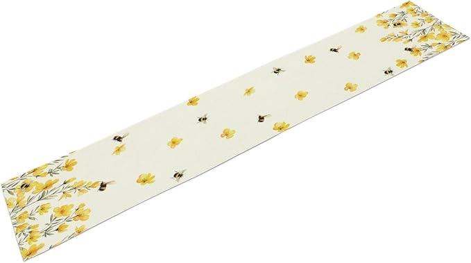 Yellow Wild Flowers Table Runner, Rustic Farmhouse Watercolor Daisy Floral Branches Bees Print Table Runner for Kitchen Dining Room Party Picnic Table Decor, 13x70inch