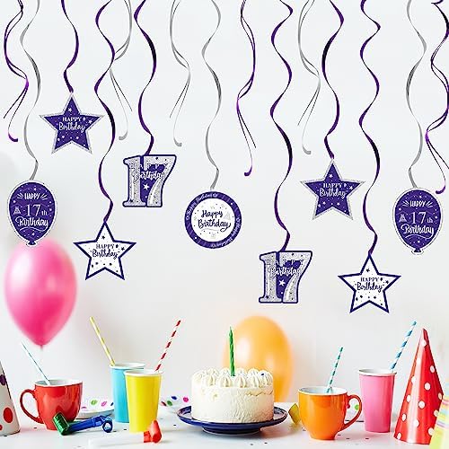 Happy 17th Birthday Purple & Silver Glitter Swirls Streamers Party Decorations - 15 Pcs 17th Birthday Hanging Swirls Streamers Kit,Cheers to Seventeen Years Old Bday Party Sign.