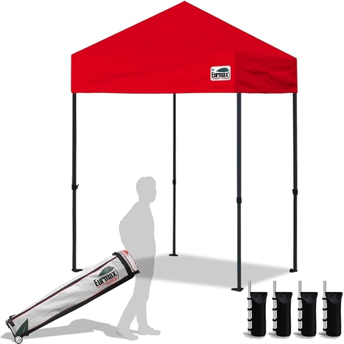 Eurmax USA 5x5ft Pop Up Canopy, Commercial Instant Tent for Outdoor Events, Patented No-Tip Rolling Storage Bag with 4 Sandbags, UV & Water Resistant, Heavy Duty Portable Shelter Gazebo,Red