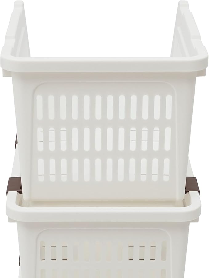4-Pack Stackable Storage Baskets with 2 Wheels, Large Capacity 38.58 lbs Stackable Storage Bins Open Front, Space Saving Home Organization for Kitchen Bedroom Office (White, 9.5*13.4*29.9 in)