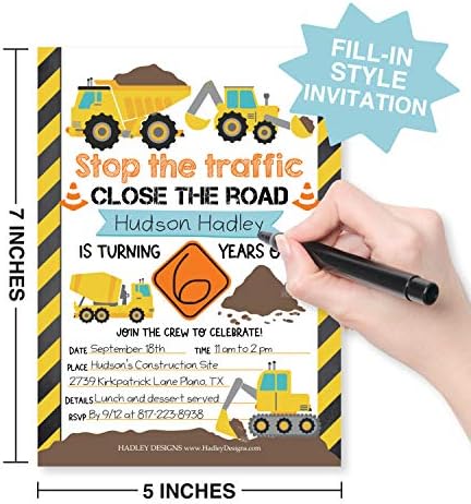 25 Kids Birthday Invitations Boy Construction Theme Party Invites for Boys