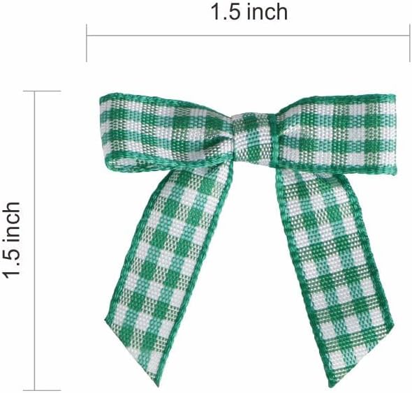 Meseey 100 Pcs 1.5 Inches Premade Gingham Craft Bows Self Adhesive Green and White Plaid Satin Ribbon Bows for Treat Bags Gift Wrapping Basket Wedding Baby Shower Brithday Party(Green and White Plaid)
