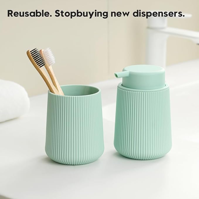 YAUKPH Striped Liquid Hand Soap Dispenser with Leak-Proof Pump for Bathroom and Kitchen Countertop 11 oz Light Green