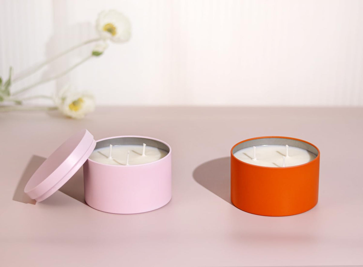 Candle Tins with Lids, 3-Wick Jars 14oz/420ml - 12 Pack Seamless Bulk Containers for Candle Making - Pink