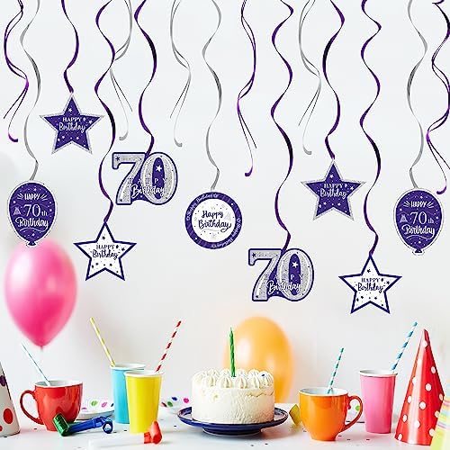 Happy 70th Birthday Purple & Silver Glitter Swirls Streamers Party Decorations - 15 Pcs 70th Birthday Hanging Swirls Streamers Kit,Cheers to Seventy Years Old Bday Party Sign.
