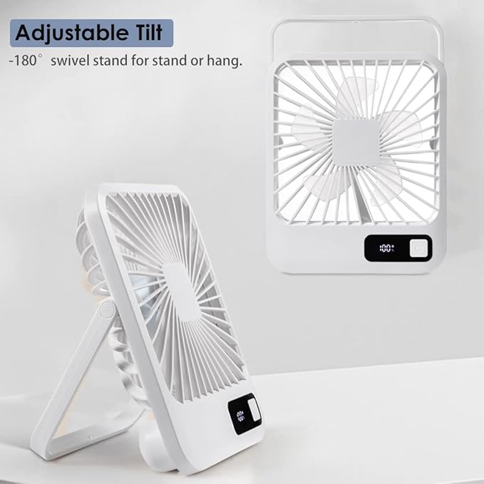 Small Desk Fan, Portable USB Rechargeable Fan, Tilt Folding Personal Mini Fan with 2000mAh Battery and LCD Display, Strong Wind, Ultra Quiet, 5 Speed Modes for Office, Home, Camping