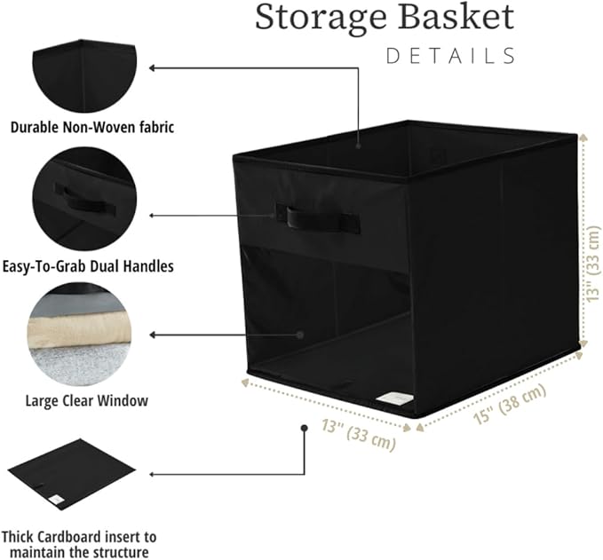 DECOMOMO Kallax Storage Cubes, 13x15x13 Storage Cube Bins with Window, Baskets for Organizing Shelves (Kallax / 4pcs, Black)