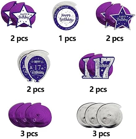 Happy 17th Birthday Purple & Silver Glitter Swirls Streamers Party Decorations - 15 Pcs 17th Birthday Hanging Swirls Streamers Kit,Cheers to Seventeen Years Old Bday Party Sign.