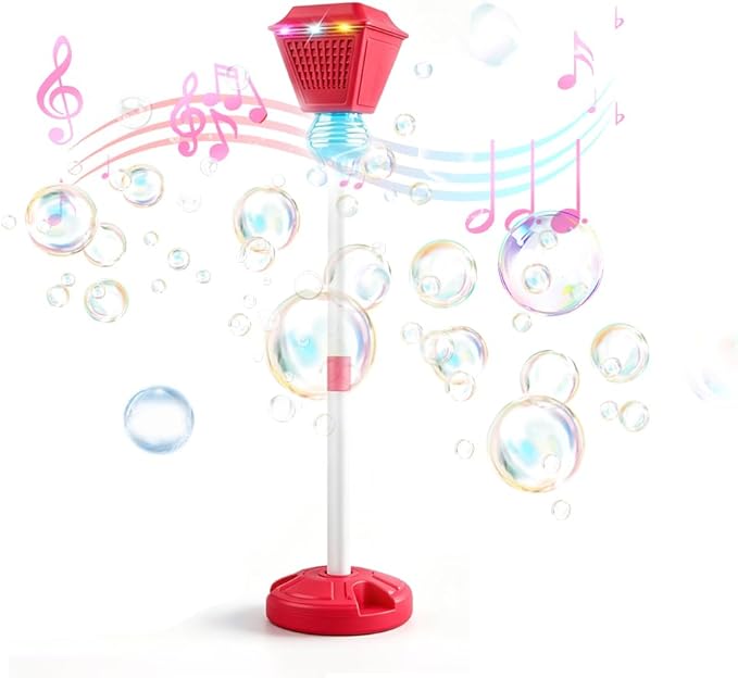 Standing Bubble Machine, Rechargeable Automatic Bubble Maker with Light Music, 3-Level Adjustable Heights, Detachable Bubble Wand for Outdoor Party Wedding and Event Decor (Red)