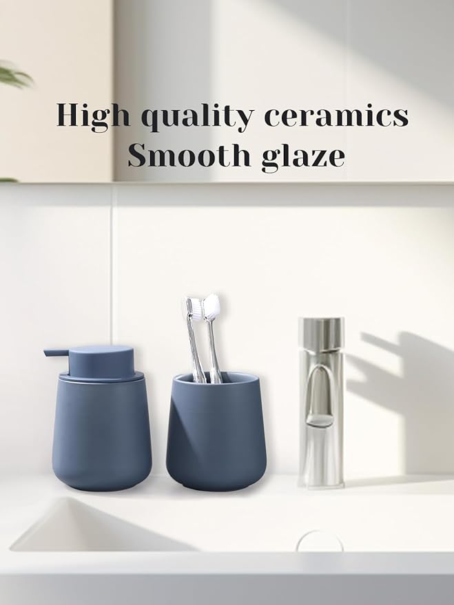 INGOFIN Ceramic Lotion Dispenser - 12oz Refillable Liquid Hand Soap Dispenser Bathroom, Modern Dish Soap Dispenser with Pump for Kitchen, Matte Blue