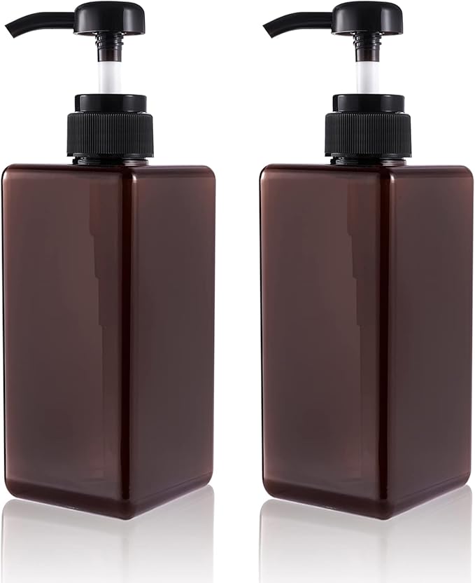 Pump Bottle, Refillable Plastic Empty Lotion Soap Dispenser Liquid Container for Bathroom Shampoo and Body Wash, 22oz/650ml Amber 2 Pack