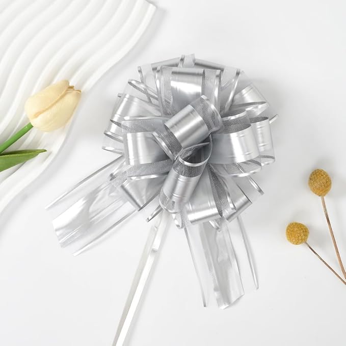 Silver Bows for Gift Wrapping, 6PCS Gift Bows for Wedding, Christmas, Birthday Decor, Gift Basket & Party Decorations, 6 Inches (Silver)
