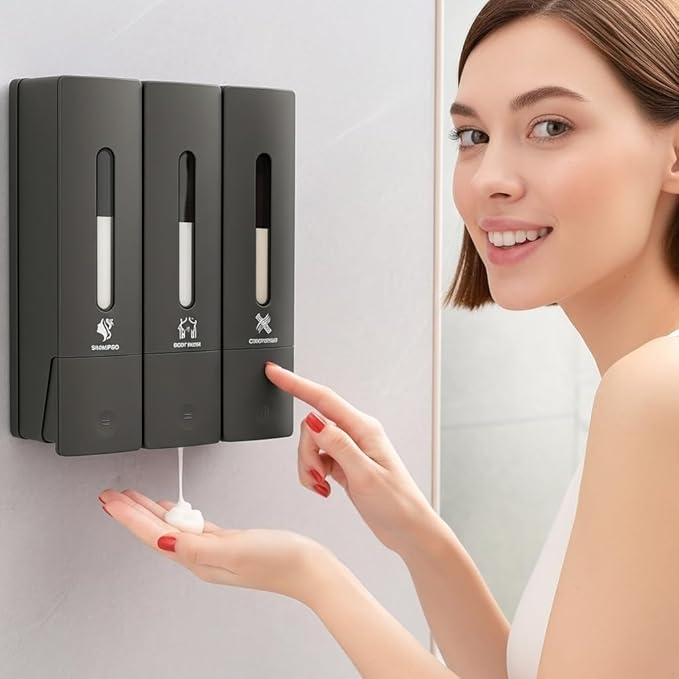 Soap Dispenser - 3 Chamber - 3x400ml - No Drill Wall Mount Bottles Organizer Toiletries for Cream Lotion Liquid Soaps Shampoo Conditioner Storage - Modern Essentials Bathroom Set - Gunmetal 2