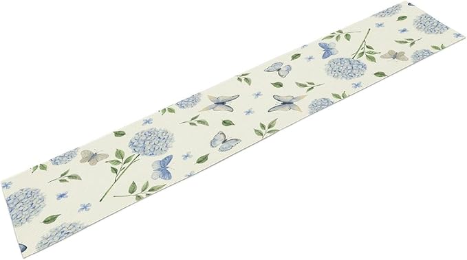 Spring Hydrangea Table Runner, Summer Moth Watercolor Sky Blue Butterfly Flowers Rustic Farmhouse Garden Print Table Cover for Kitchen Dining Room Table Home Party Decor,13x108inch