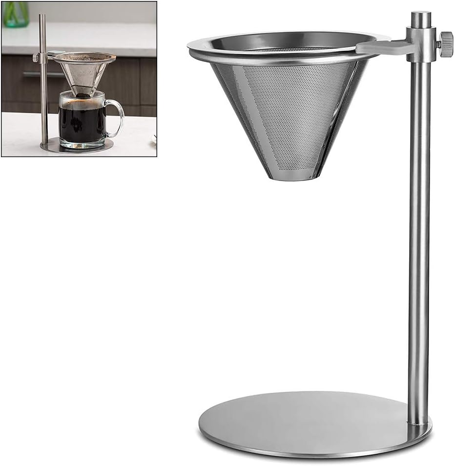 Stainless Steel Adjustable Pour Over Coffee Maker, Adjustable Stand, Double Layer Filter, Freestanding Drip Cone Brewer and Stand