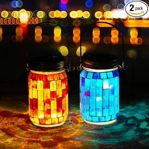 VOREEN Solar Powered Mosaic Mason Jar Lights, Colorful Stained Glass Lanterns for Outdoor Garden Decor, 2 Pack (Orange and Blue)