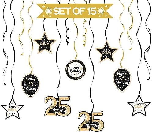 Happy 25th Birthday Black & Gold Glitter Swirls Streamers Party Decorations - 15 Pcs 25th Birthday Hanging Swirls Streamers Kit,Perfect for 25th Bday Party Sign.