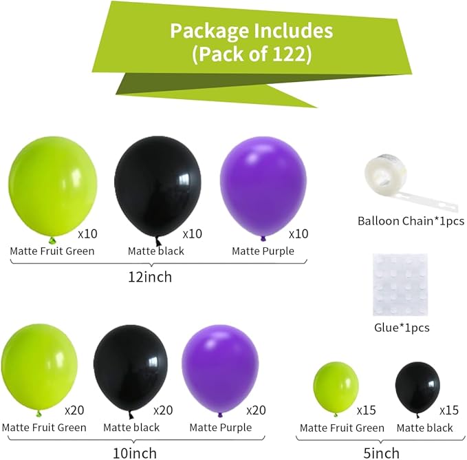 Lime Green Purple Black Balloon Garland Arch, 122PCS Lime Green Purple Balloons Black Purple Balloons for Hero Racing Car Truck Birthday Video Game Halloween Props Decorations