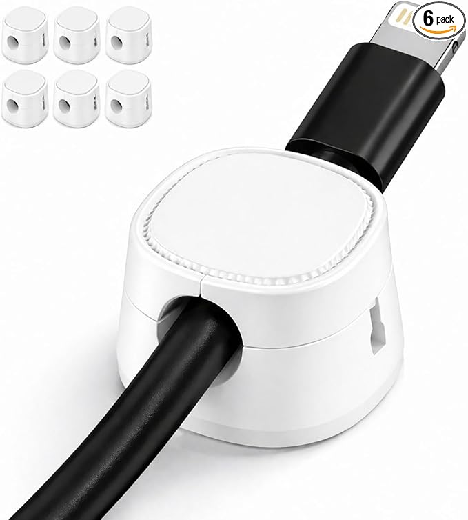 6-Pack Magnetic Cable Clips, Strong Adhesive Cord Holder for Desk, Nightstand, Car & Cable Management, White