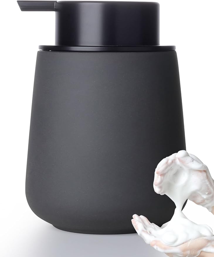 INGOFIN Ceramic Foaming Soap Dispenser - 12oz Foam Hand Soap Dispenser Bathroom, Ceramic Dish Soap Modern Dispenser with Pump for Kitchen, Matte Grey