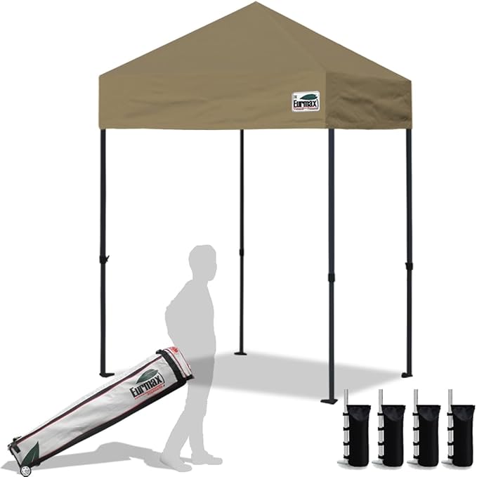 Eurmax USA 5x5ft Pop Up Canopy, Commercial Instant Tent for Outdoor Events, Patented No-Tip Rolling Storage Bag with 4 Sandbags, UV & Water Resistant, Heavy Duty Portable Shelter Gazebo,Khaki