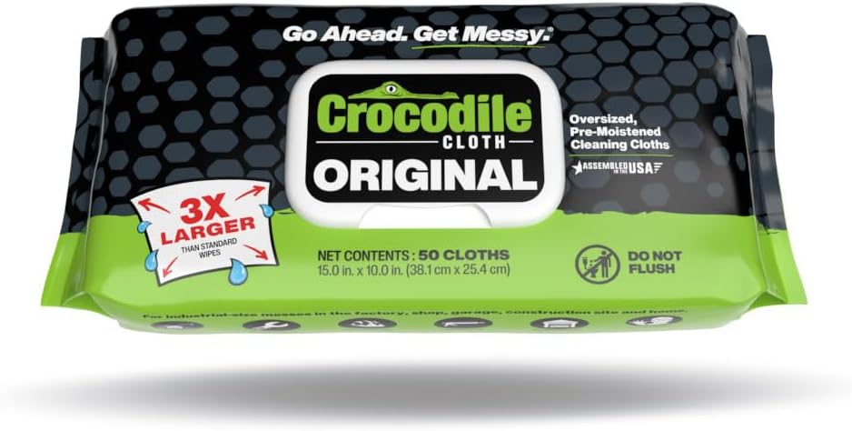 Crocodile Cloth Original Cleaning Wipes – 50 (15” x 10”) Hand & Tool Industrial Cleaning Wipes – Large Multi-Surface Cleaning Cloths, Water-Based Solution with Extreme Cleaning Power — Safe on Skin
