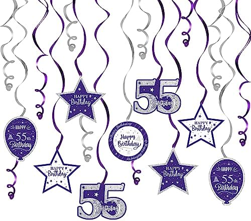 Happy 55th Birthday Purple & Silver Glitter Swirls Streamers Party Decorations - 15 Pcs 55th Birthday Hanging Swirls Streamers Kit,Perfect for 55th Bday Party Sign.