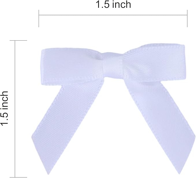 Meseey 100 Pcs 1.5 Inches Premade Craft Bows Self Adhesive White Satin Ribbon Bows for Treat Bags Gift Wrapping Basket Wedding Baby Shower Brithday Party(White)