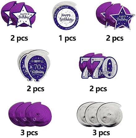 Happy 70th Birthday Purple & Silver Glitter Swirls Streamers Party Decorations - 15 Pcs 70th Birthday Hanging Swirls Streamers Kit,Cheers to Seventy Years Old Bday Party Sign.