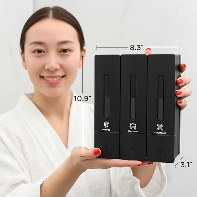 Soap Dispenser - 3 Chamber - 3x400ml - No Drill Wall Mount Bottles Organizer Toiletries for Cream Lotion Liquid Soaps Shampoo Conditioner Storage - Modern Essentials Bathroom Set - Black 2