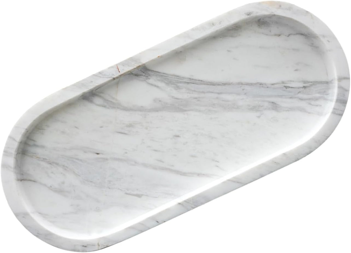 Bathroom Vanity Tray, Large Natural Marble Oval Sink Tray 10 Inch, Jazz White Limestone Dresser Tray for Soap Dispenser Modern Countertop Organizer