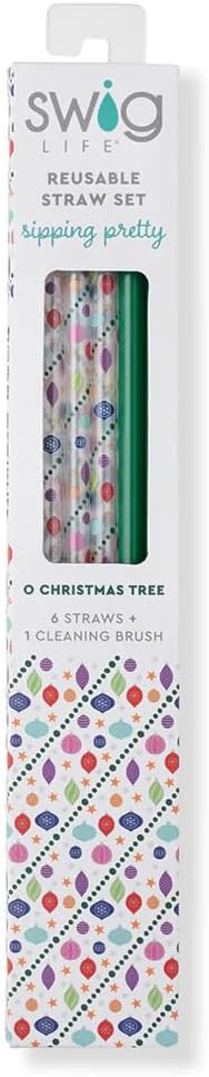 Swig Life Reusable Straws O Christmas Tree + Green Tall Straw Set & Cleaning Brush, Each Straw is 10.25 inch Long (Fits Swig Life 20oz Tumblers, 22oz
