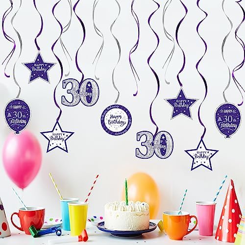 Happy 30th Birthday Purple & Silver Glitter Swirls Streamers Party Decorations - 15 Pcs 30th Birthday Hanging Swirls Streamers Kit,Cheers to Thirty Years Old Bday Party Sign.